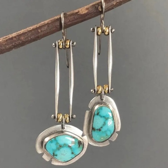 Two Tone Earrings With Turquoise Stones - Picture 2 of 5
